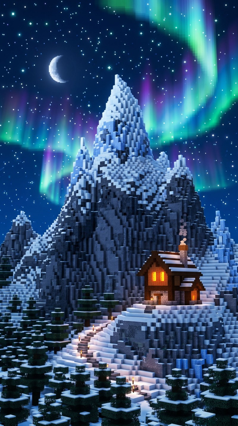 Vibrant Minecraft Mountain Peak with Aurora Borealis Night Sky Background 4K Mobile Wallpaper