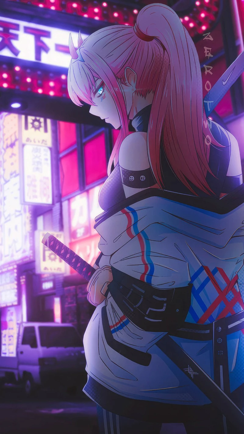 Zero Two in Neon City 4K Mobile Wallpaper