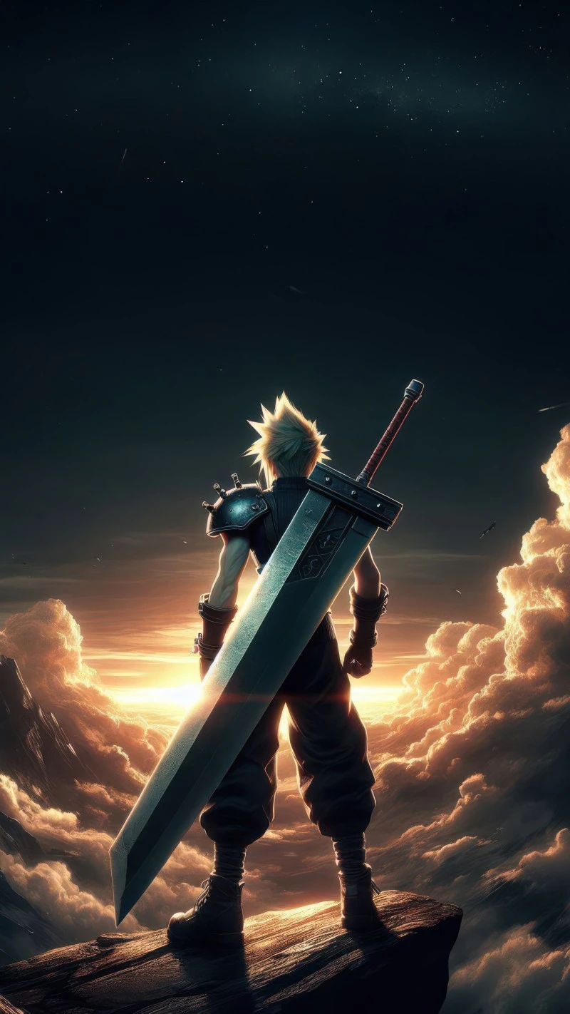 Epic Cloud Strife Standing on Cliff Edge Dark Fantasy Art 4K Mobile Wallpaper