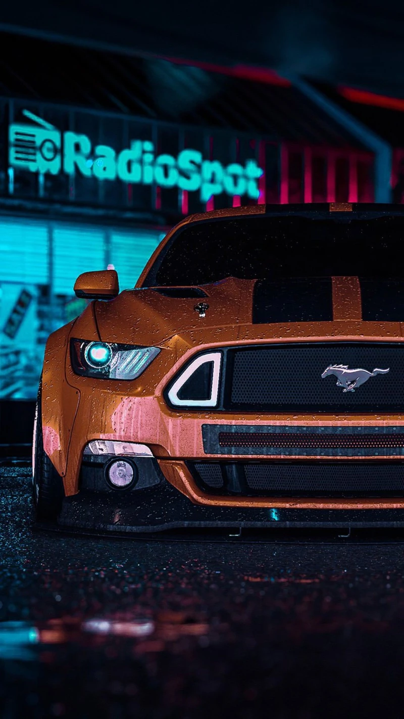 Wet Night Mustang 4K Mobile Wallpaper