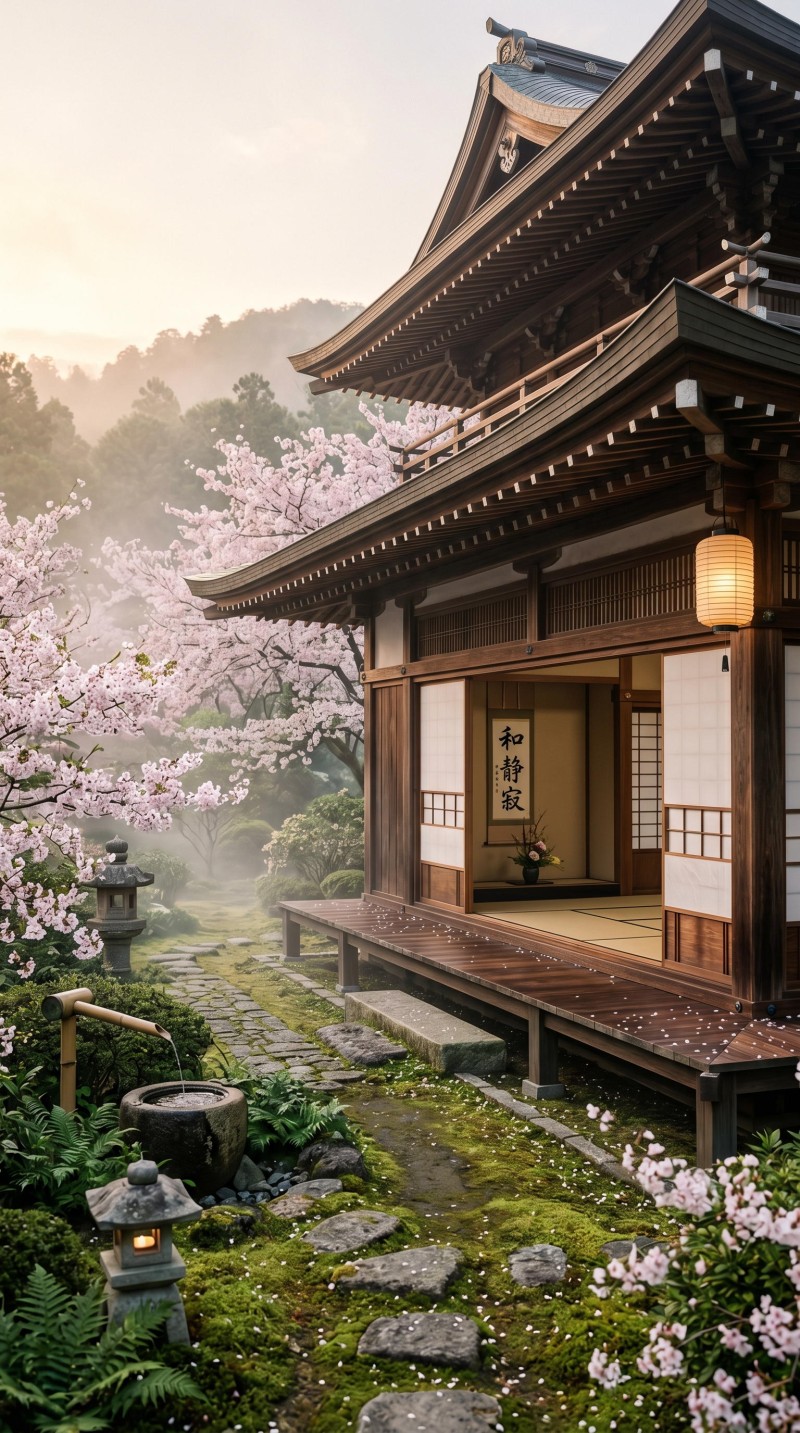 Serene Traditional Japanese Architecture with Cherry Blossoms Wallpaper 4K Pathway Wallpaper