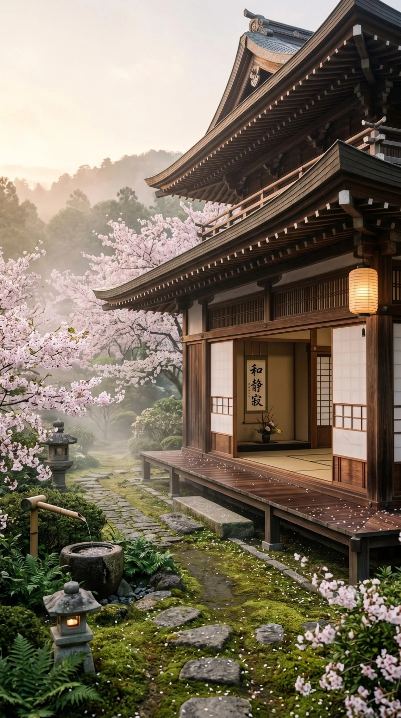 Serene Traditional Japanese Architecture with Cherry Blossoms Wallpaper 4K Mobile Wallpaper
