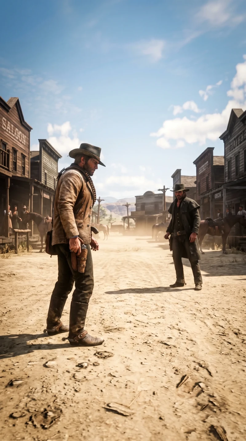 Realistic Red Dead Game Scene with Cowboys 4K Red dead Wallpaper