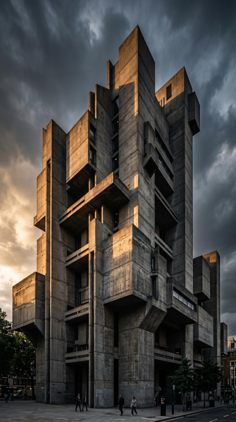 Dark Brutalist Architecture with Massive Raw Concrete Structure 4K Arch Wallpaper