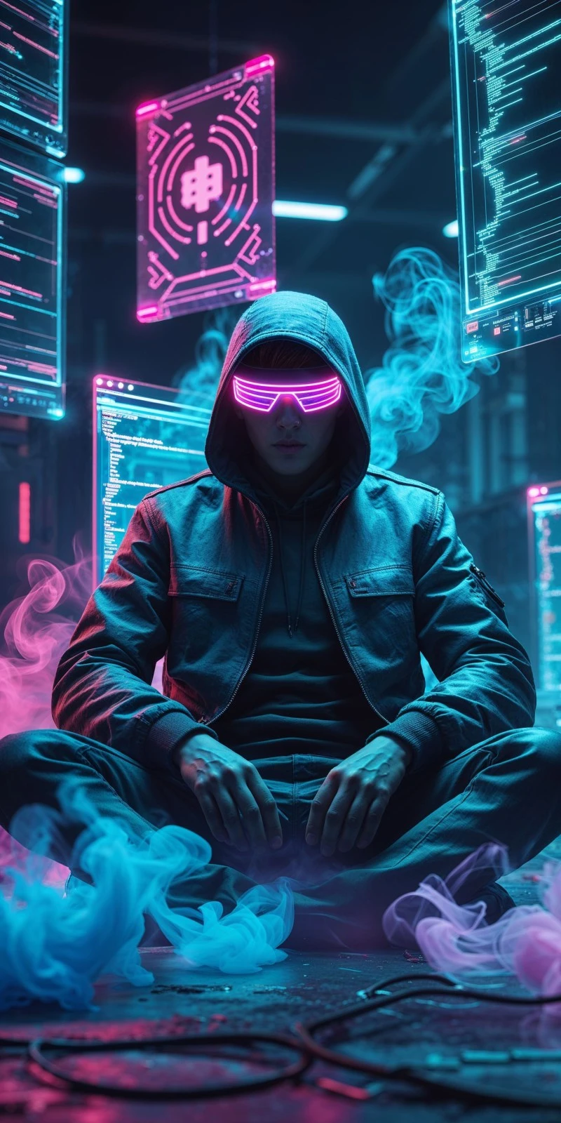 AI Hacker in Neon Cyberpunk World 4K Mobile Wallpaper