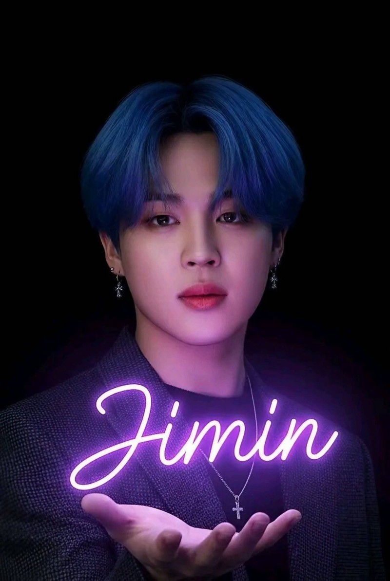 Jimin Blue Hair Neon Name K-Pop Idol Wallpaper 4K Mobile Wallpaper