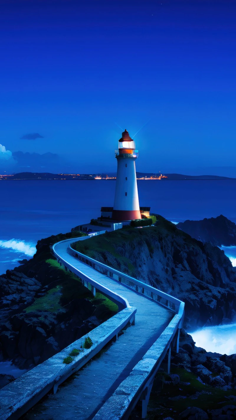 Lighthouse on a rocky coast at night 4K Mobile Wallpaper
