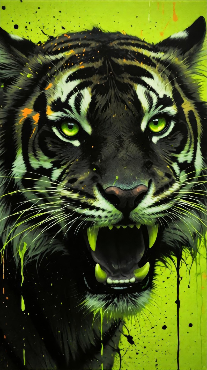 Vibrant Black Tiger Face with Green Eyes Neon Art Wallpaper 4K Digital Wallpaper