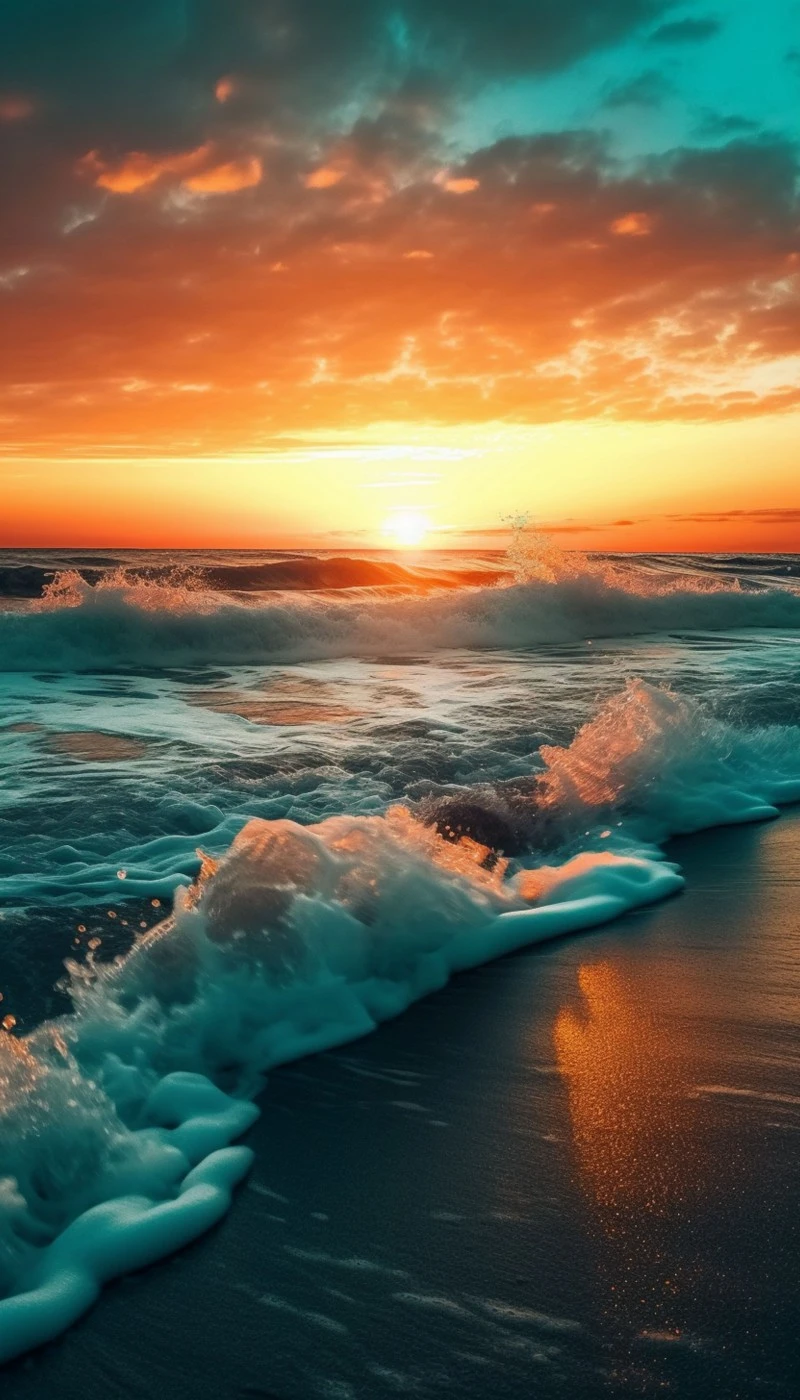 Fiery Sunset Ocean Waves 4K Mobile Wallpaper