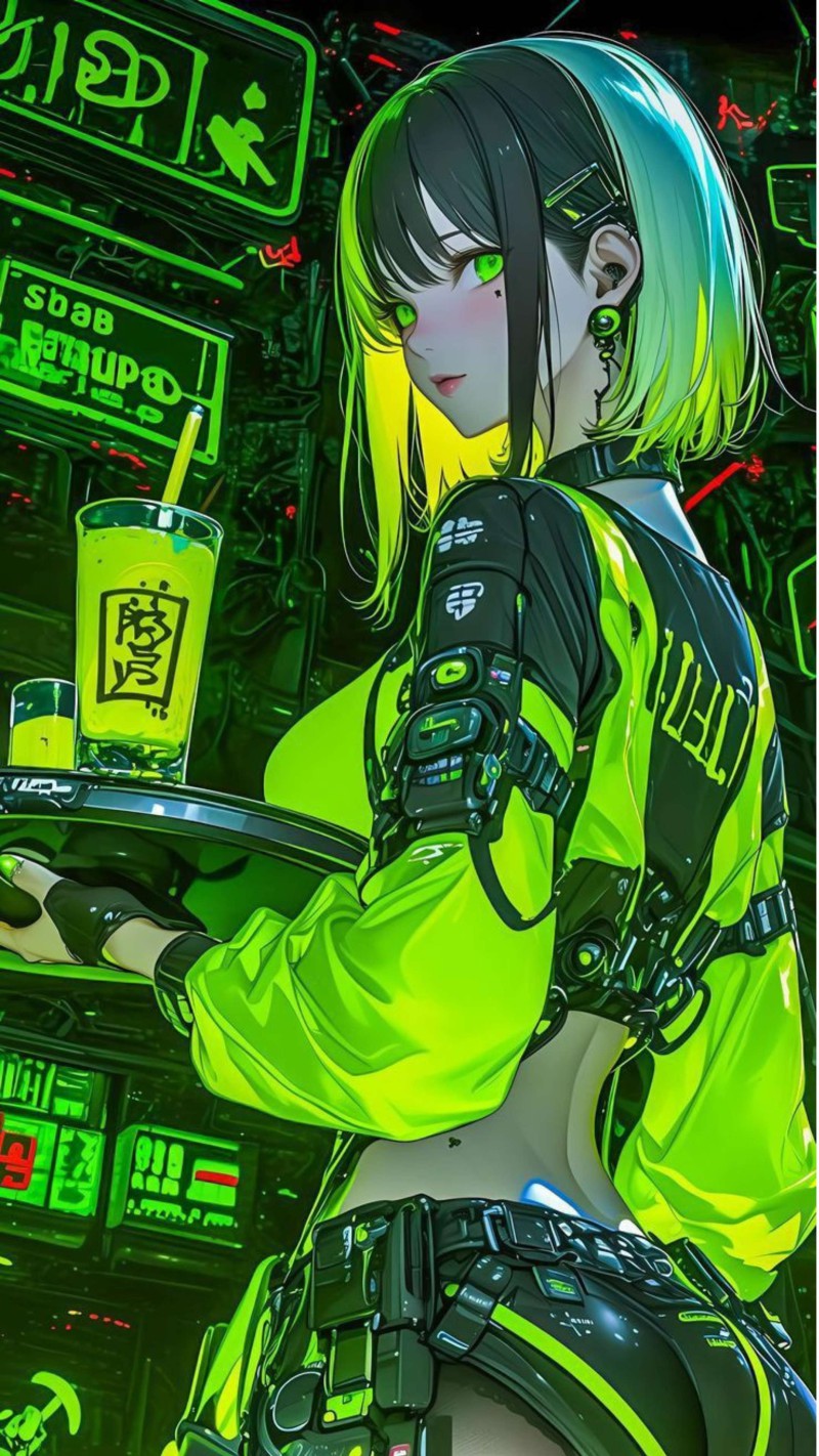 Cyberpunk Anime Girl Serving Neon Green Drink 4K Sci fi Wallpaper