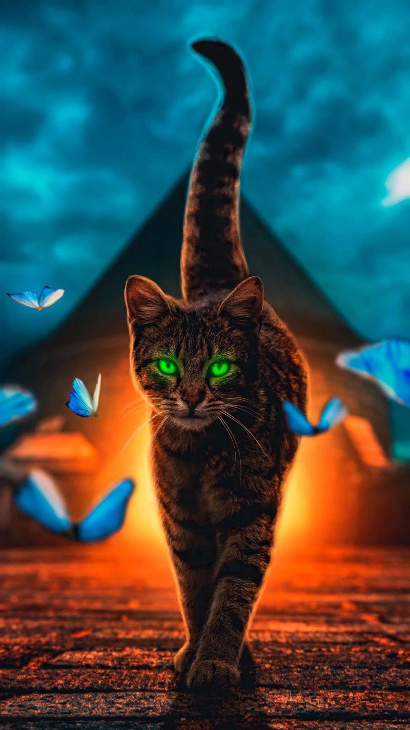 Intriguing Cat with Green Eyes Amidst Butterflies 4K Mobile Wallpaper
