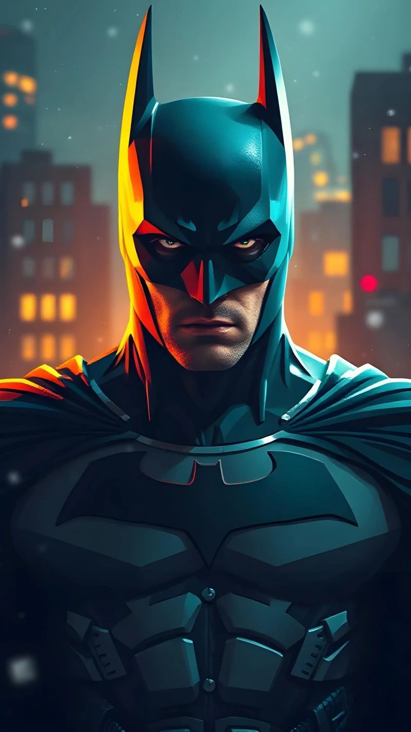 Batman in a futuristic cityscape at dusk with a determined look 4K Mobile Wallpaper Free Download