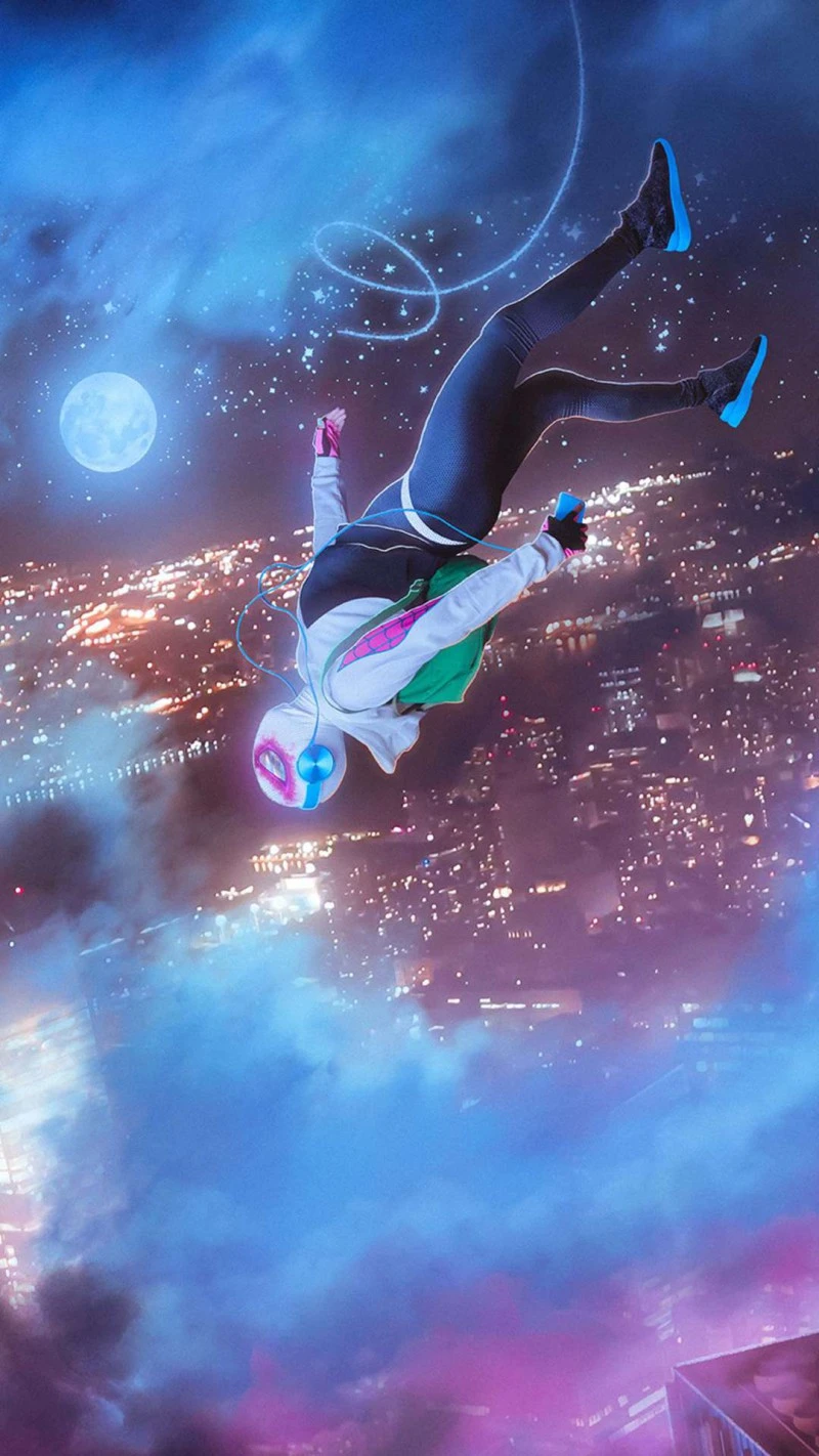 Miles Morales Falling Through the Night 4K Mobile Wallpaper