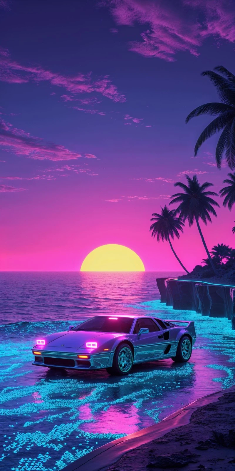 AI-Generated Retro Scene: 80s Sports Car on Tropical Beach 4K Mobile Wallpaper
