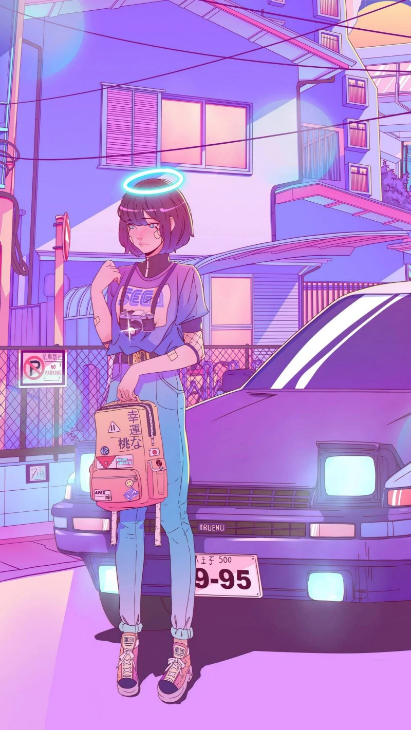 Cyberpunk Angel in Tokyo 4K Mobile Wallpaper