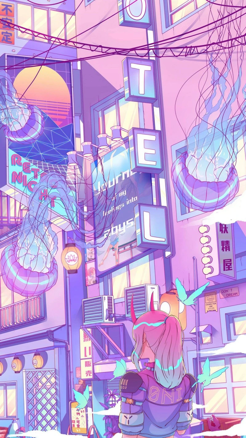 Cyberpunk City Street Scene with Girl 4K Mobile Wallpaper