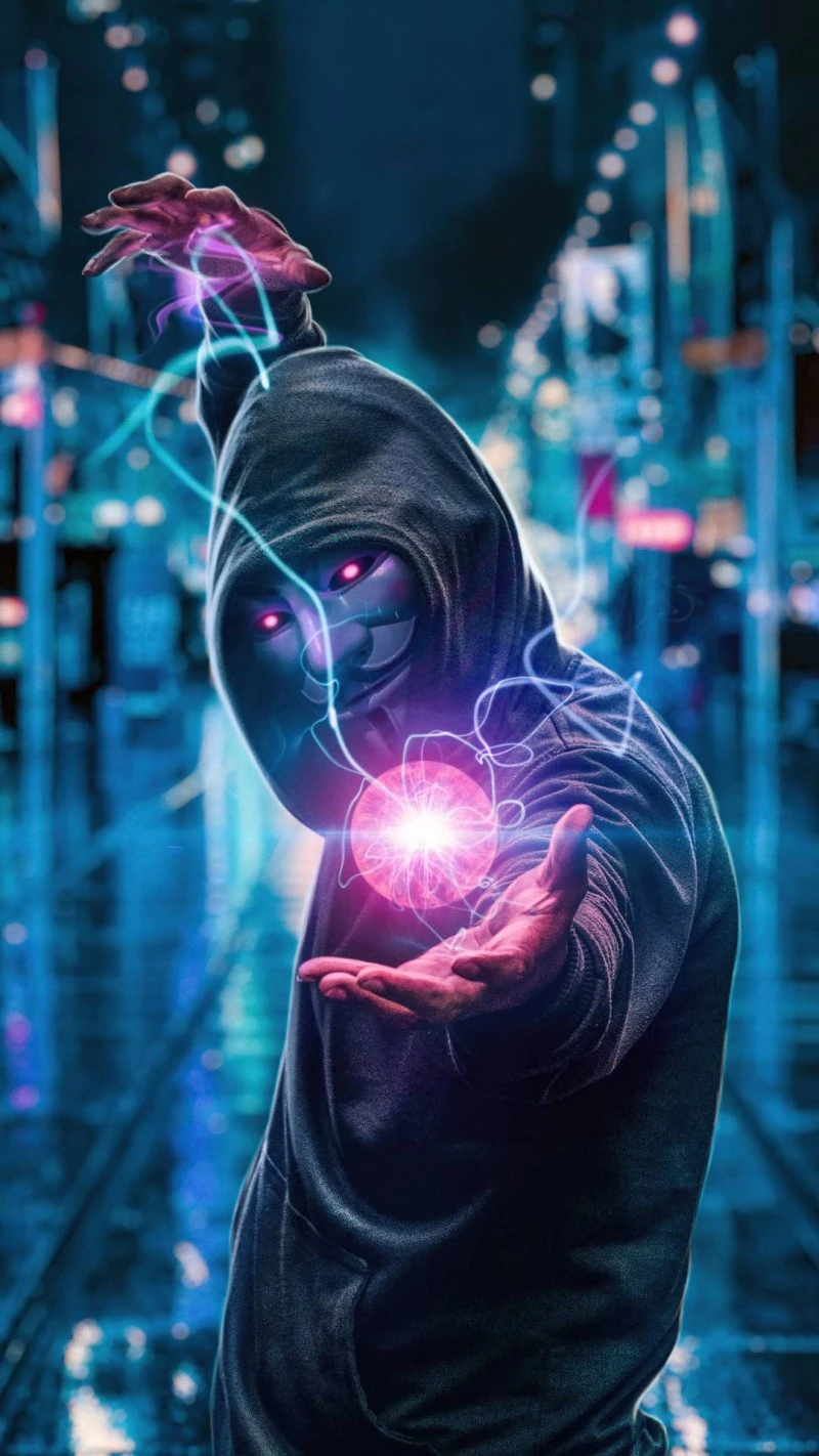 Anonymous Hacker with Energy Orb 4K Mobile Wallpaper