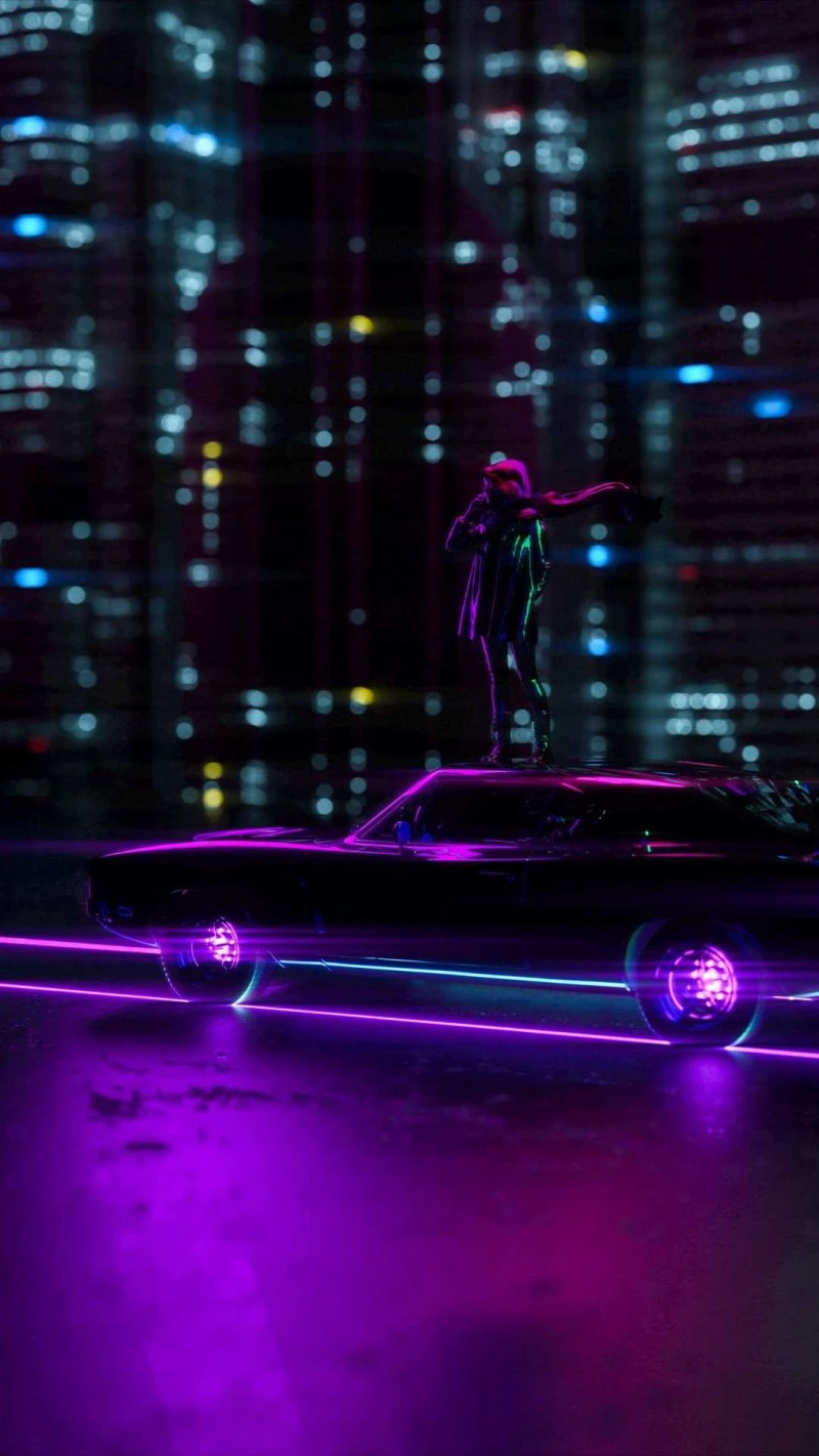 Retro Muscle Car in Cyberpunk City 4K Mobile Wallpaper
