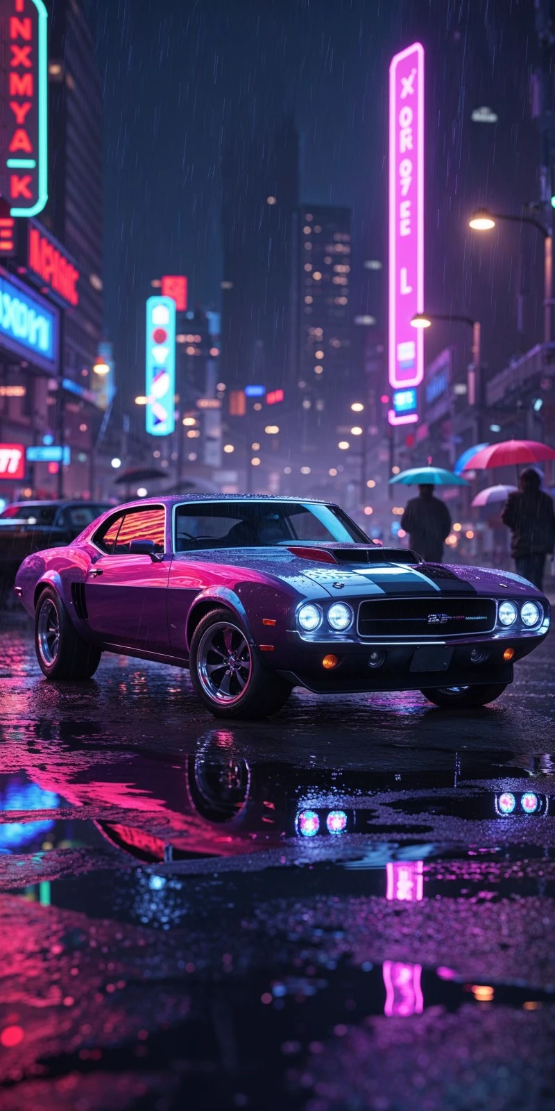 AI-Generated Cyberpunk Cityscape with Purple Muscle Car 4K Mobile Wallpaper