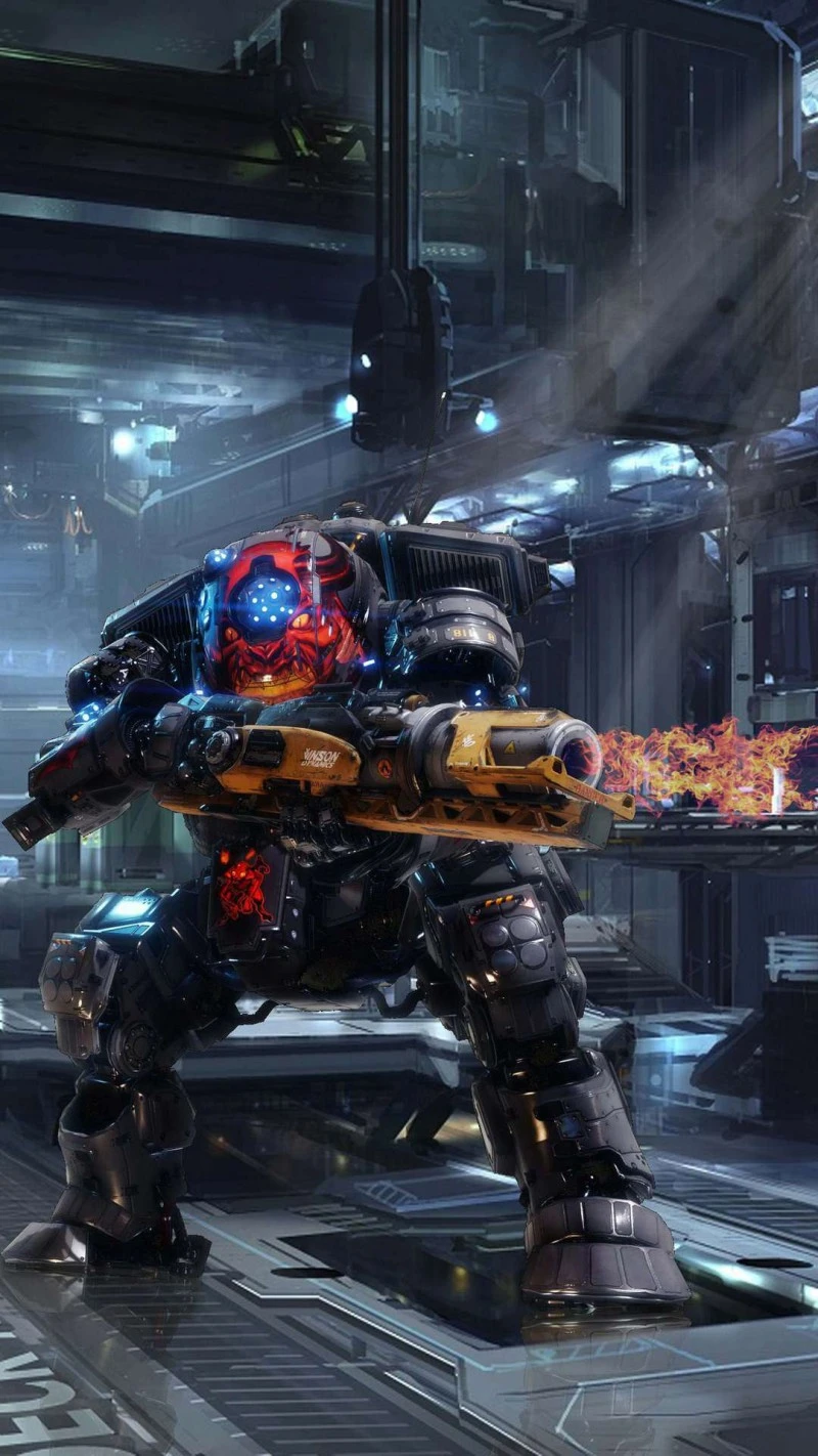 Oni-Mech in Sci-Fi Hangar 4K Mobile Wallpaper