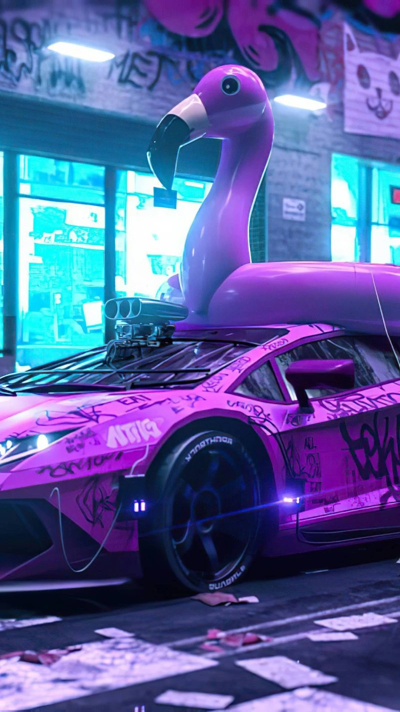 Pink Lamborghini with Flamingo 4K Mobile Wallpaper