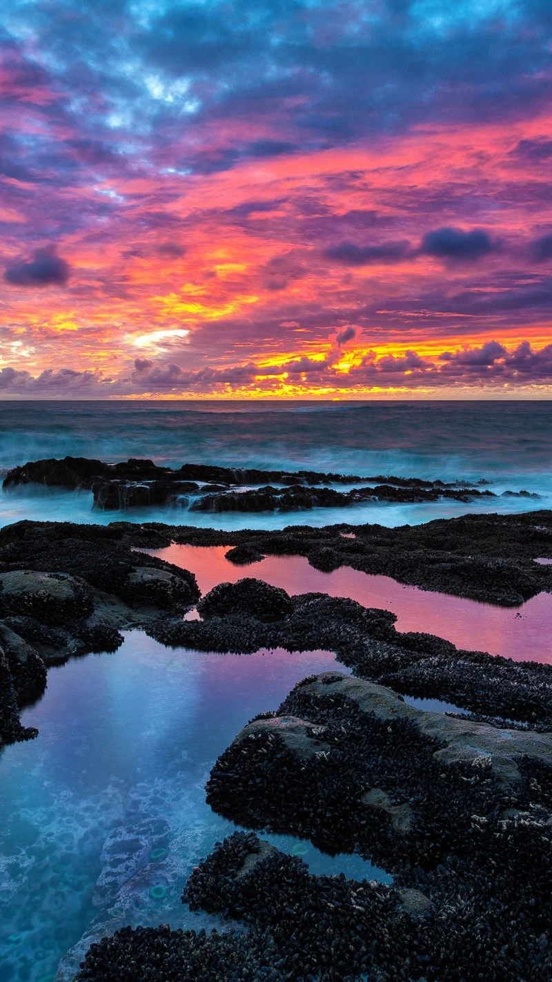 Vibrant Sunset over Coastal Tide Pools 4K Mobile Wallpaper
