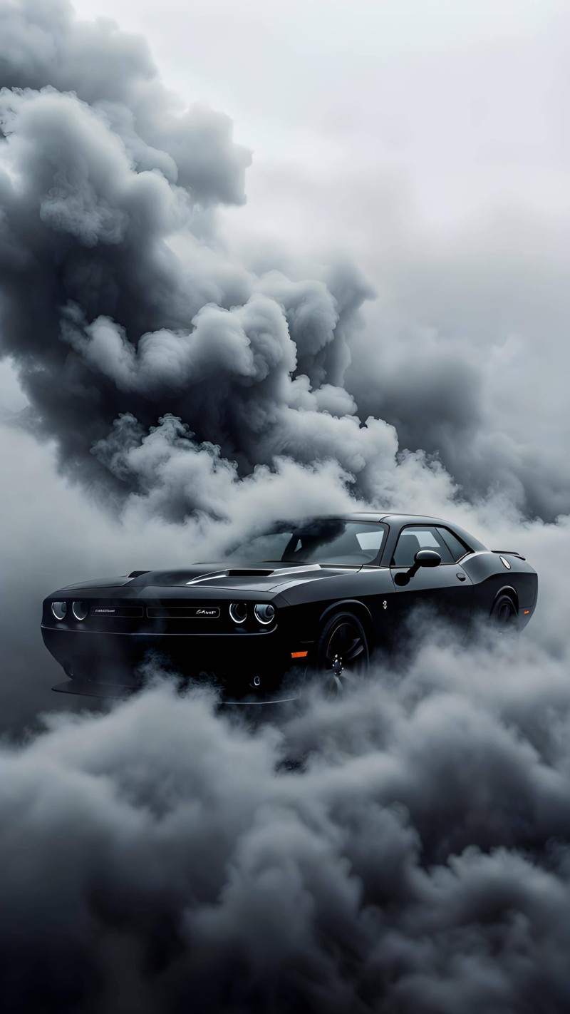 Black Dodge Challenger Dramatic Smoke Wallpaper 4K Powerful Wallpaper