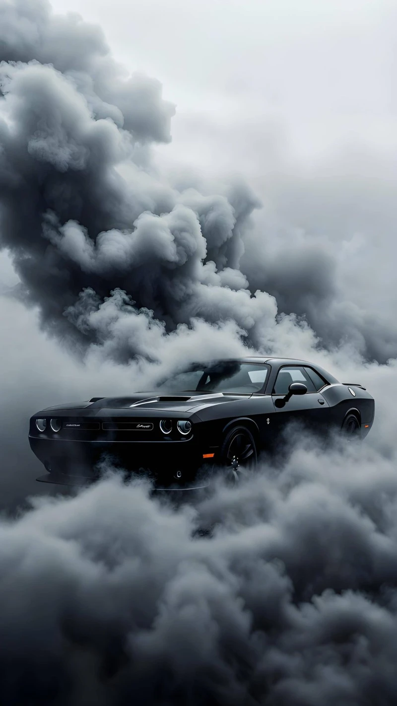 Black Dodge Challenger Dramatic Smoke Wallpaper 4K Mobile Wallpaper