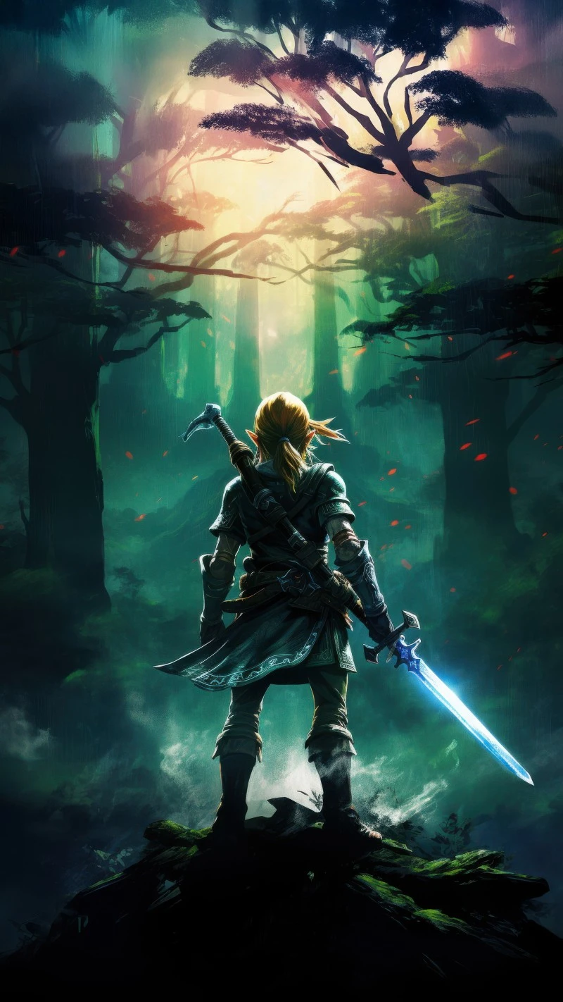 Epic Green Forest Scene with Link Sword The Legend of Zelda 4K Mobile Wallpaper