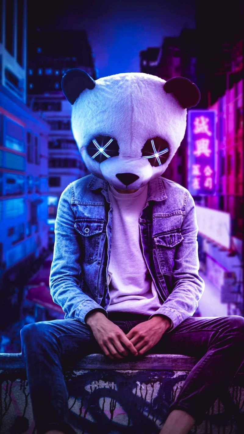 Panda Mask in Cityscape 4K Mobile Wallpaper