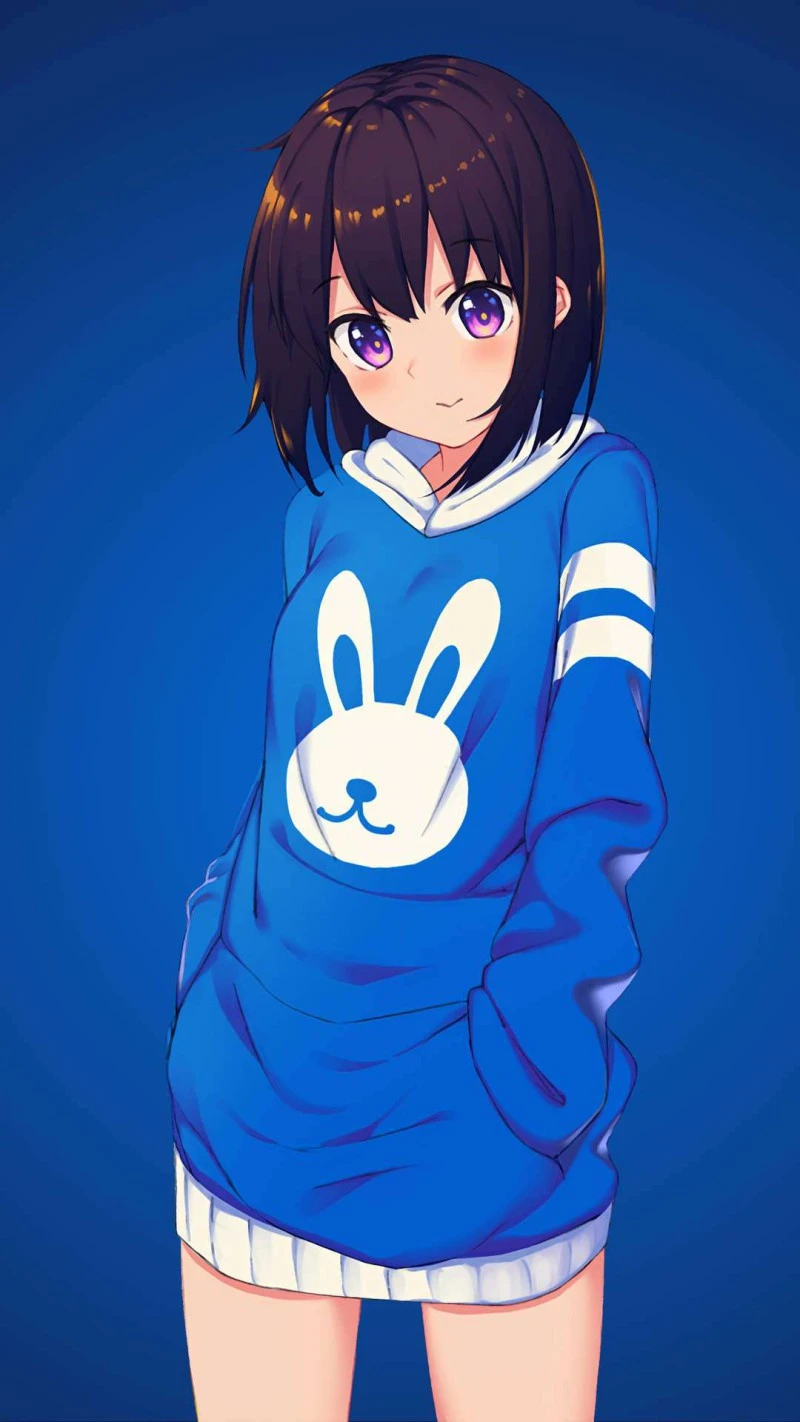Anime Girl in Blue Hoodie 4K Mobile Wallpaper