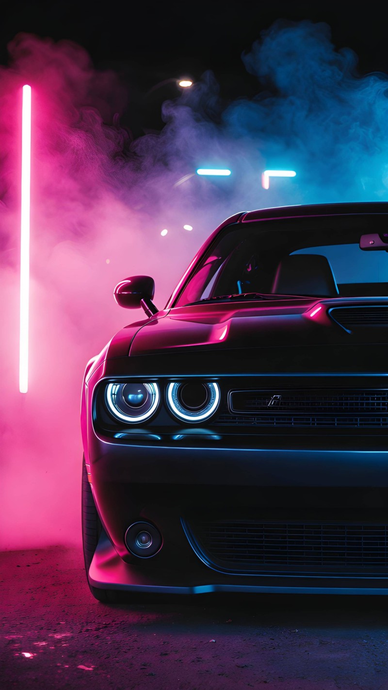 Neon Pink Blue Dodge Challenger Night Vibe 4K Smoke Wallpaper