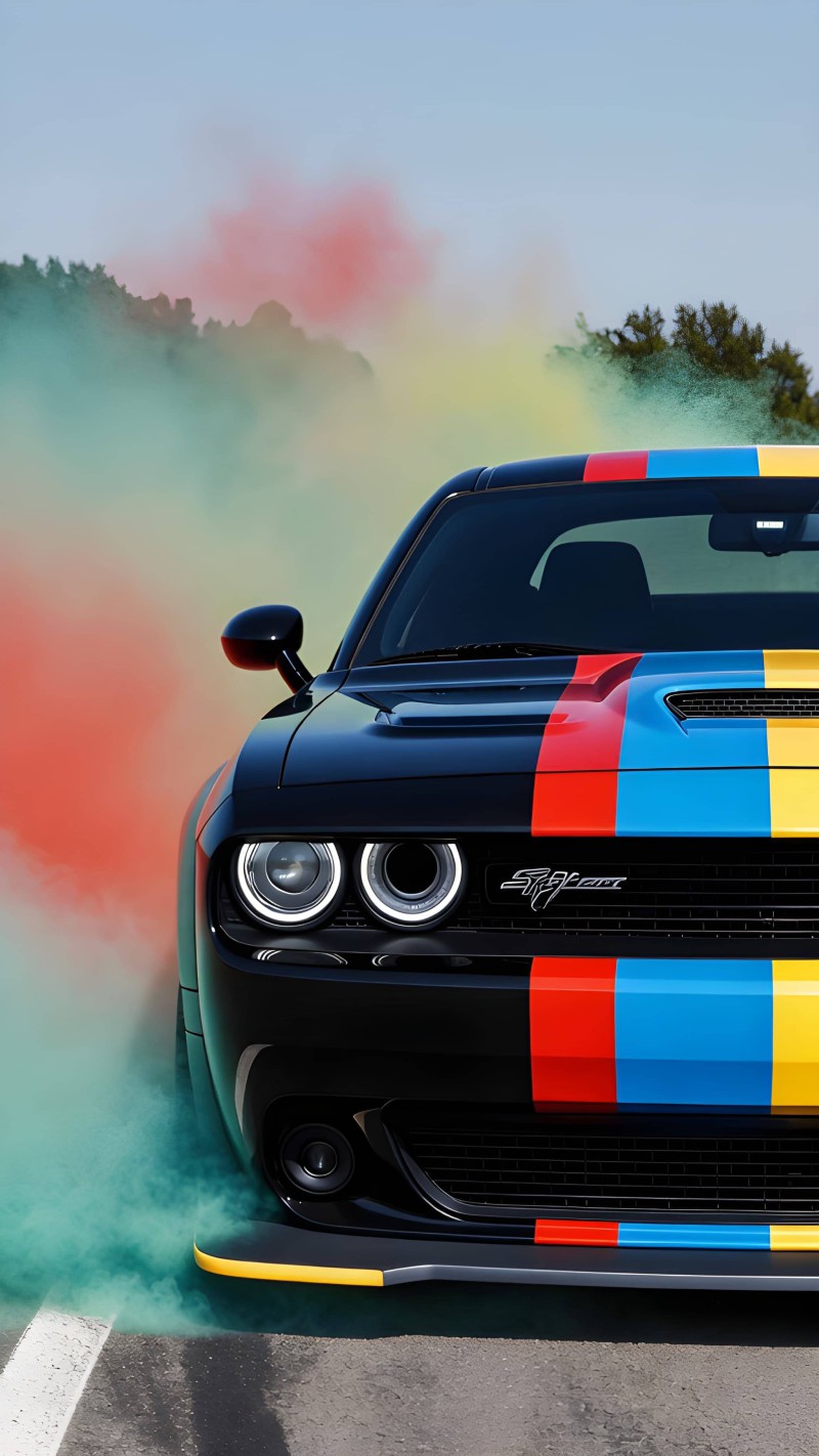 Vibrant Dodge Challenger Colorful Stripes Smoke 4K Rain Wallpaper