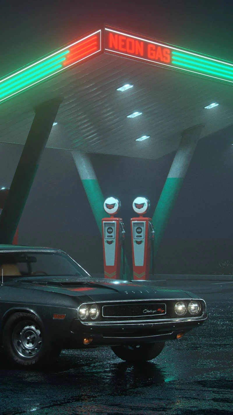 Neon Gas Station Nightscape 4K Mobile Wallpaper