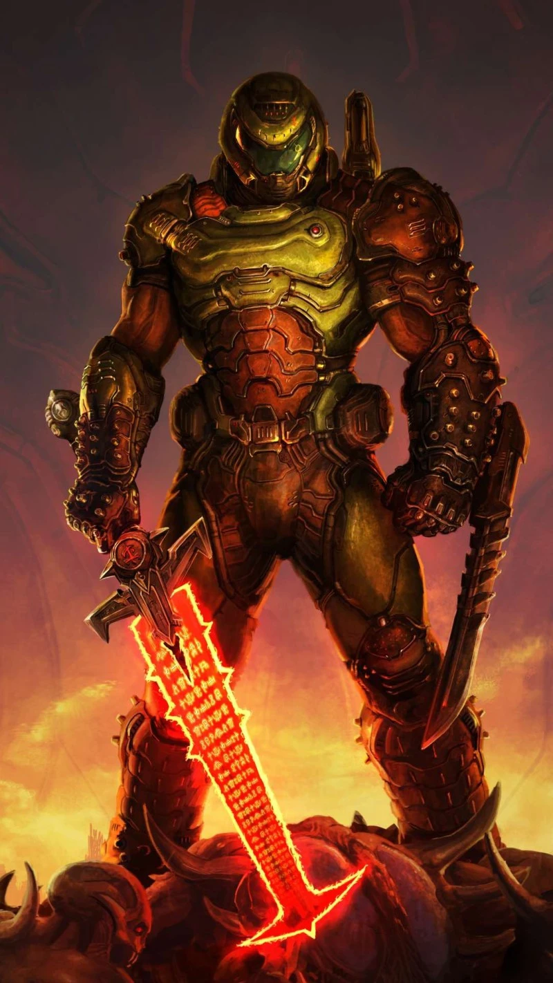 Doom Slayer with the Crucible 4K Mobile Wallpaper