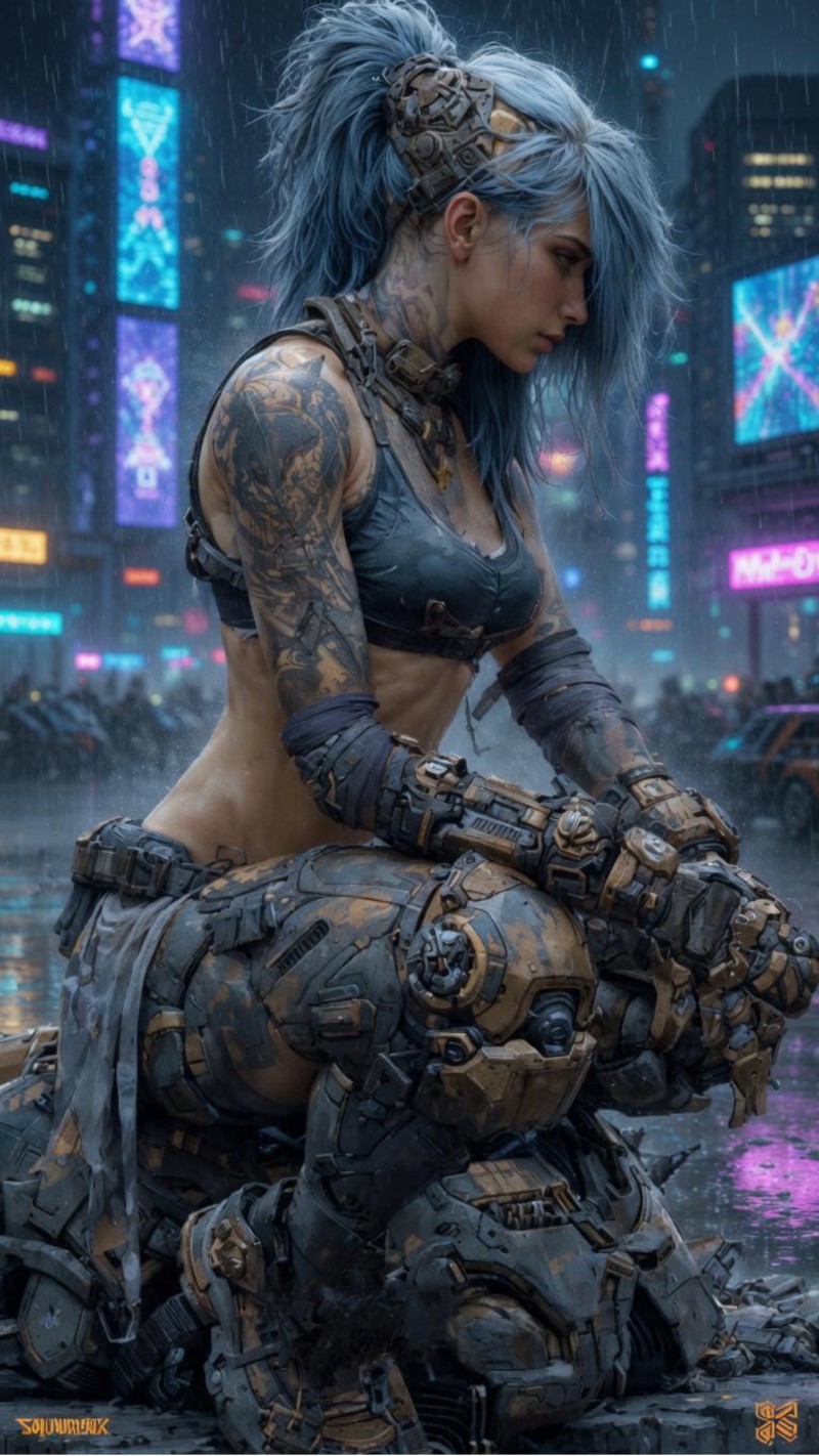 Blue Hair Cyberpunk Girl on Mech in Rainy City 4K Rain Wallpaper