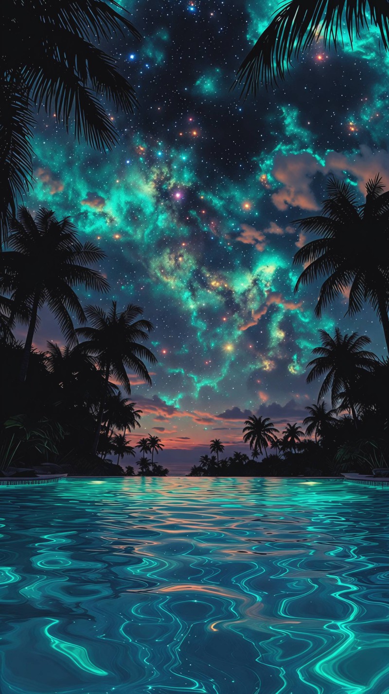 Cosmic Teal Sky Above a Luminous Tropical Pool 4K Tea Wallpaper