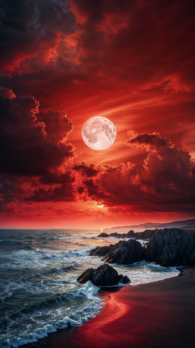 AI-Generated Blood Moon Seascape 4K Mobile Wallpaper