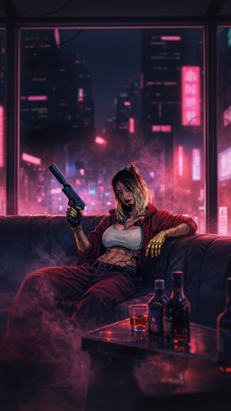 4K mobile wallpaper Cyberpunk Woman with Gun - high resolution for Android and iPhone