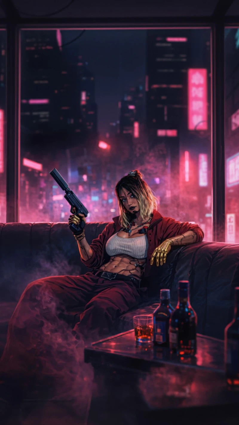 Cyberpunk Woman with Gun 4K Mobile Wallpaper