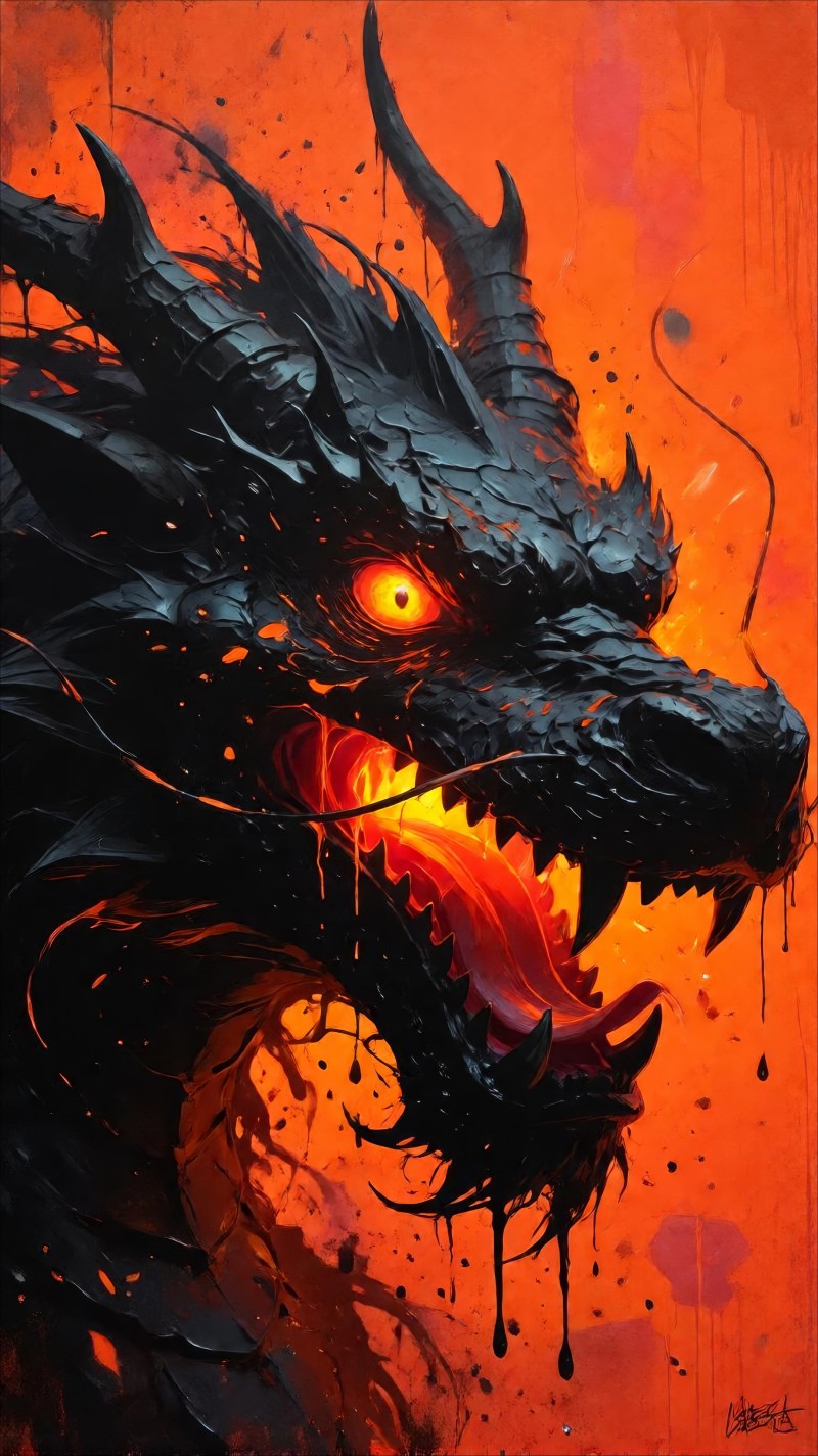 Dark Fantasy Black Dragon Head Painting on Orange Background Wallpaper 4K Wing Wallpaper