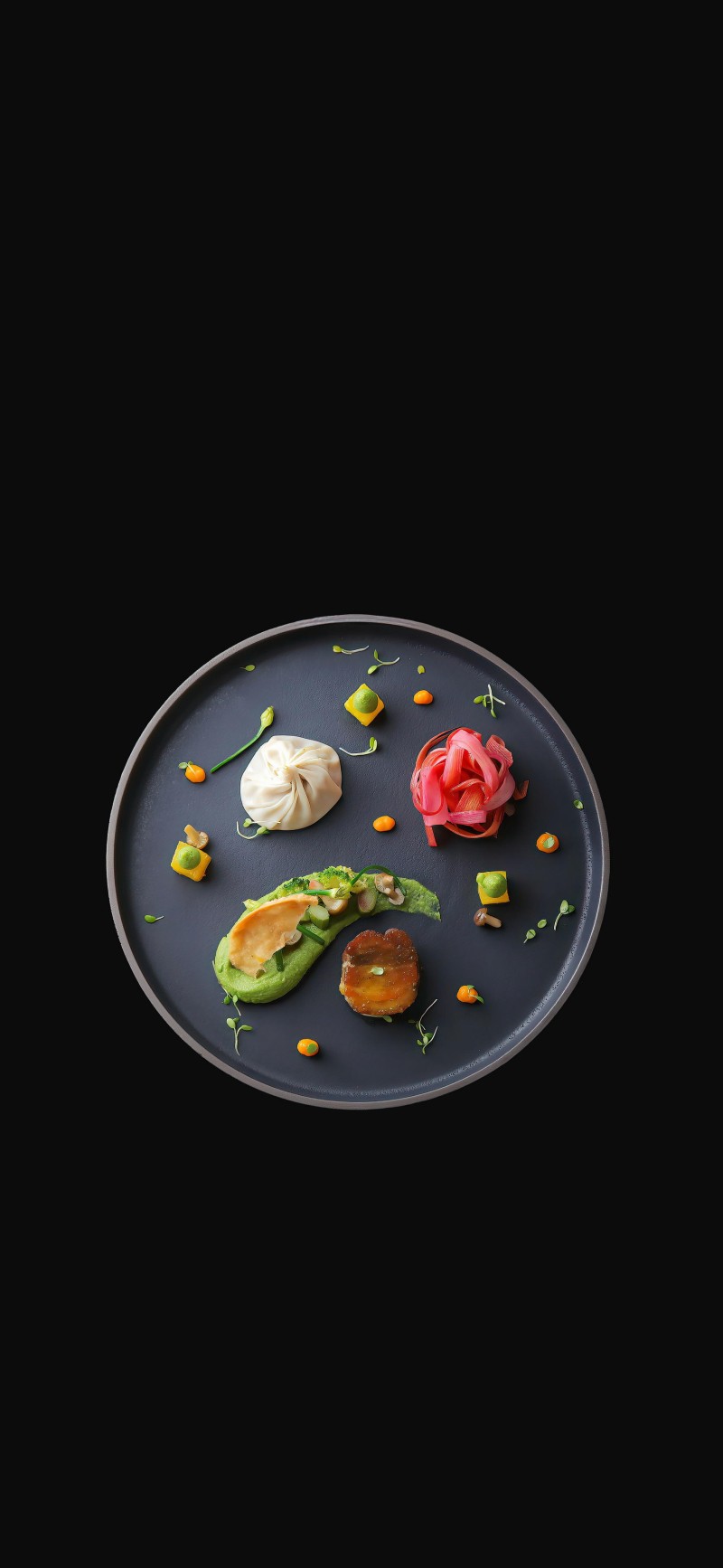 Delicious Japanese Food on Black Ceramic Plate Dark Aesthetic 4K Pet Wallpaper