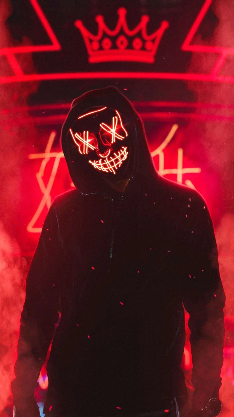 Red Neon Mask with Crown Backdrop 4K Mobile Wallpaper