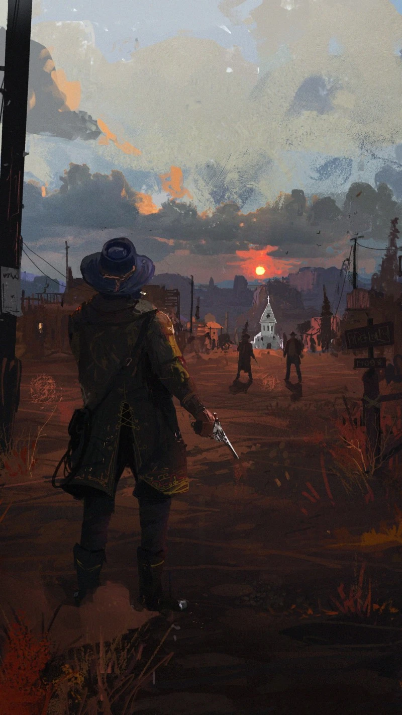 Dark Sunset Cowboy Holding Gun Digital Art Style Wallpaper 4K Red dead Wallpaper