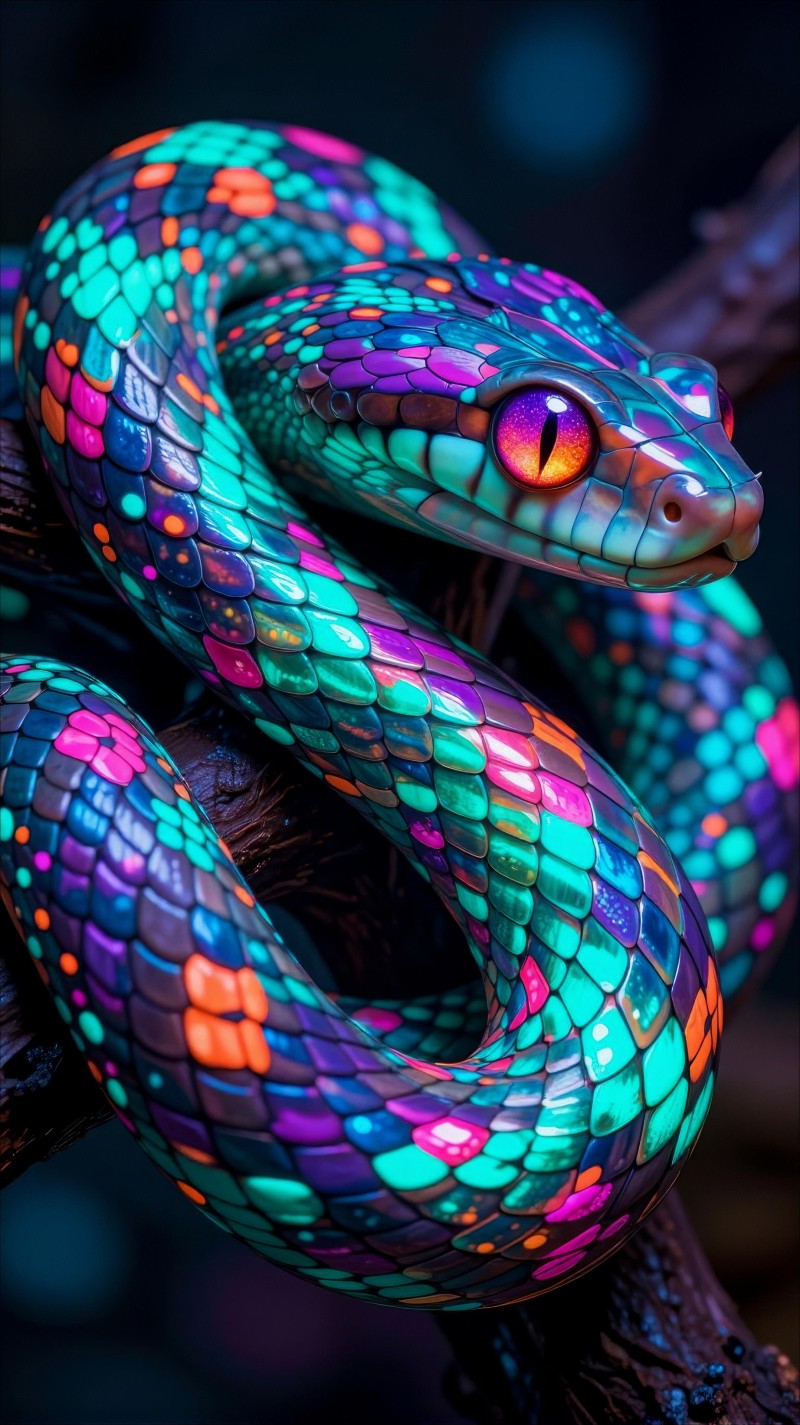 Glowing Colorful Snake on Branch Dark Neon Background Wallpaper 4K Wing Wallpaper