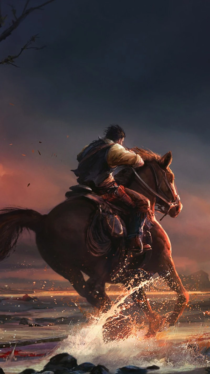 Dark Western Man Riding Horse Through Water Stunning Artwork Wallpaper 4K Red dead Wallpaper