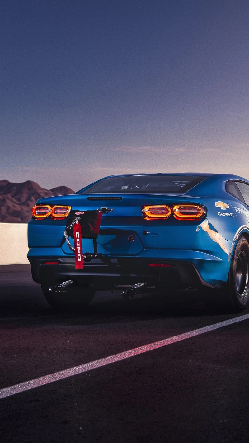 Blue Camaro at the Drag Strip 4K Mobile Wallpaper