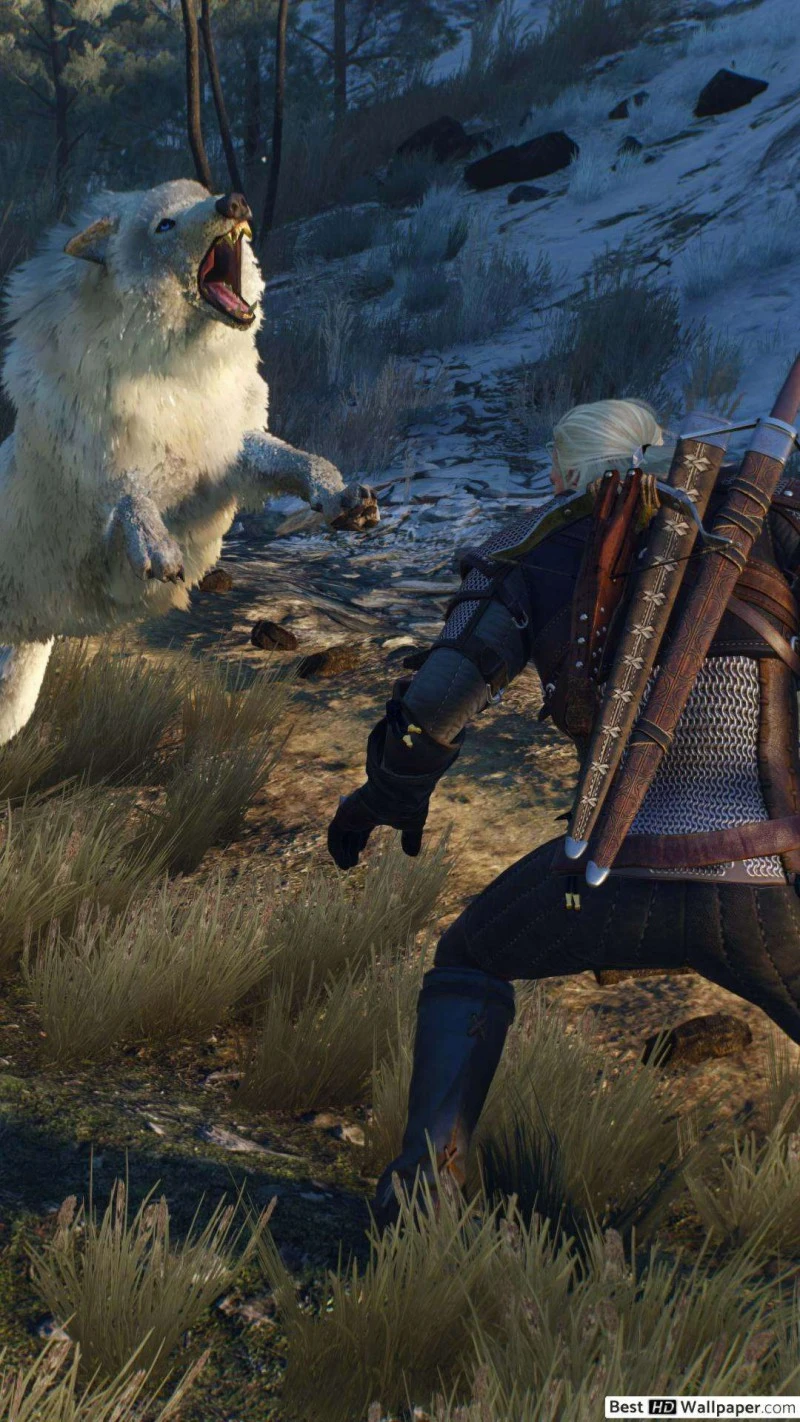 Geralt of Rivia vs. Wolf 4K Mobile Wallpaper