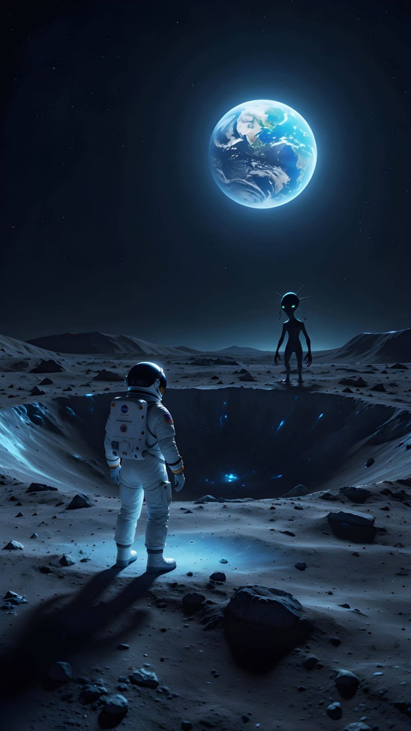 Astronaut and Alien on Moonlit Night 4K Play Wallpaper