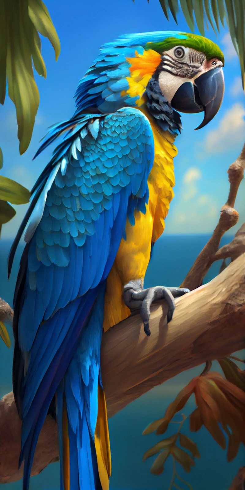 Blue and Gold Macaw AI Artwork 4K Mobile Wallpaper